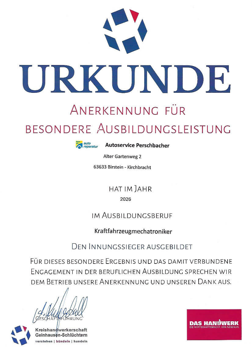 Auszeichnung für besondere Ausbildungsleistung 2026 Urkunde der Kreishandwerkerschaft Gelnhausen-Schlüchtern für Autoservice Perschbacher als Ausbilder des Innungssiegers 2026.